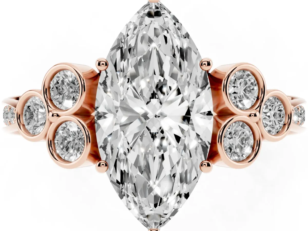 Marquise Cut Cut Diamond Engagement Ring with Bezel Set Round Side Stones and Prong Setting Rose gold