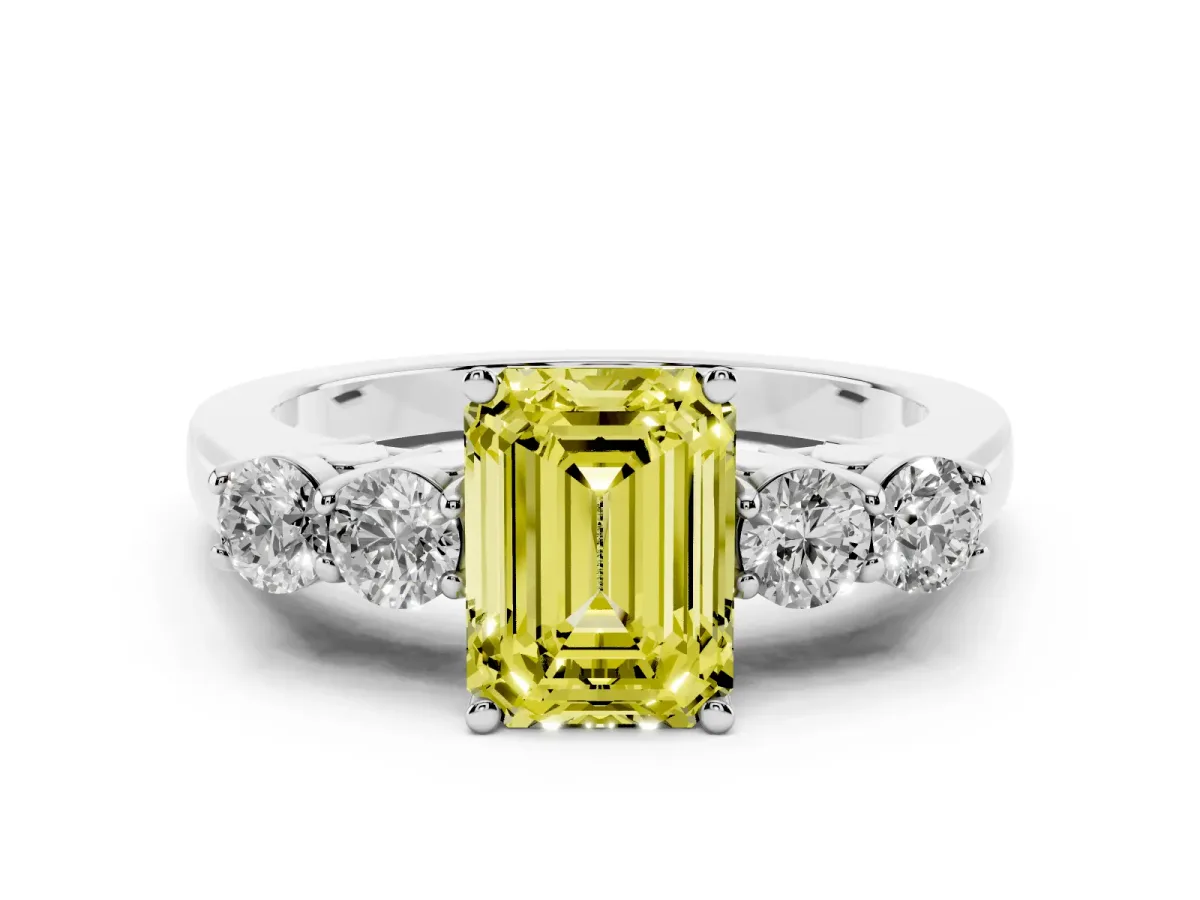 Fancy Yellow Emerald Cut Cut Diamond Five-Stone Prong Set White Gold Ring Silver