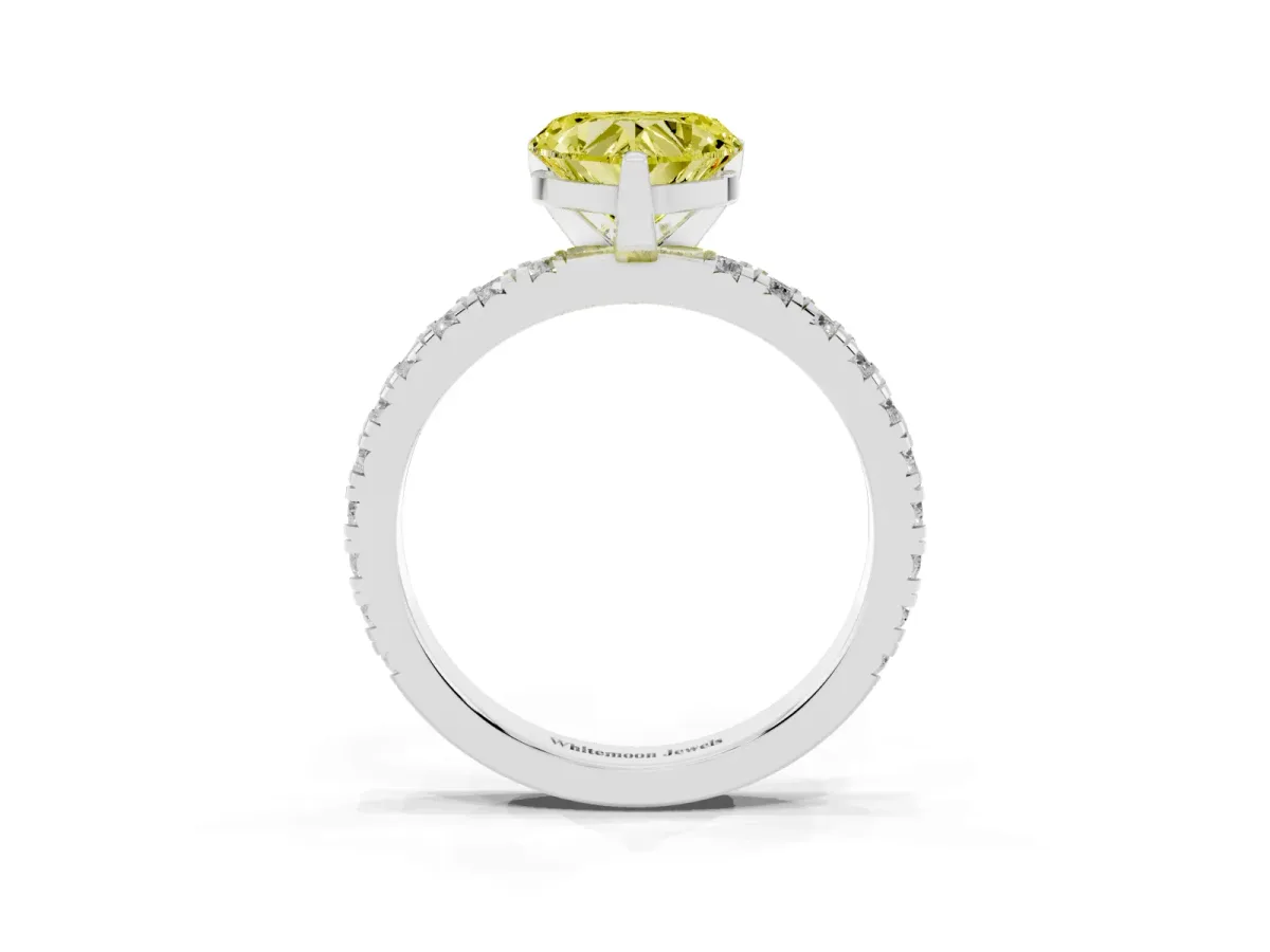 Fancy Yellow Heart Cut Diamond Pavé Band Solitaire with Four-Prong Setting Silver
