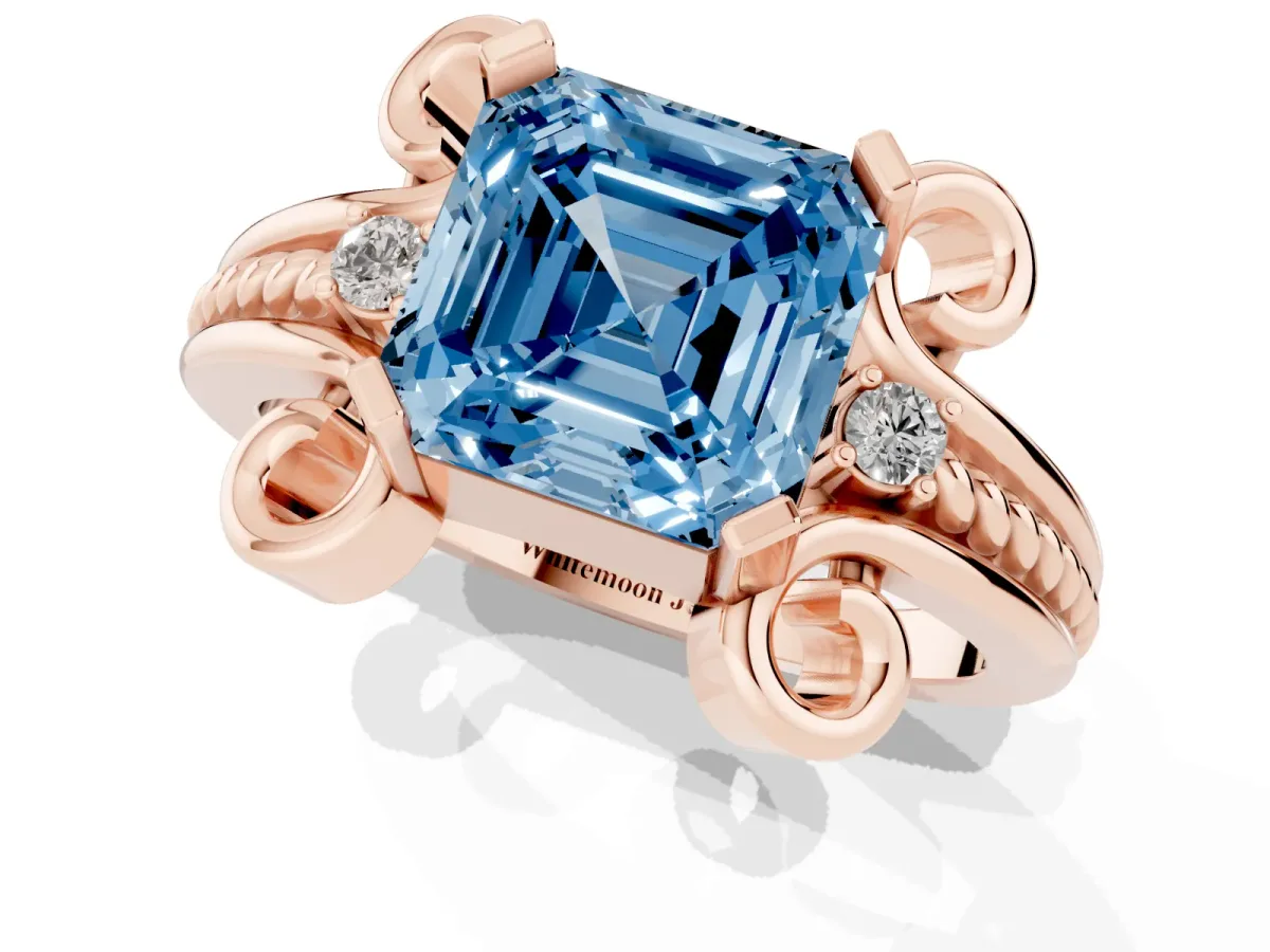Fancy Blue Asscher Cut Solitaire Twisted Band Scroll Prong Ring Rose gold