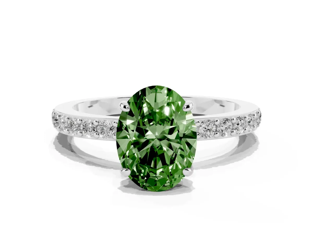 Fancy Green Oval Cut Diamond Pavé Engagement Ring with Round Accents and Prong Setting Silver