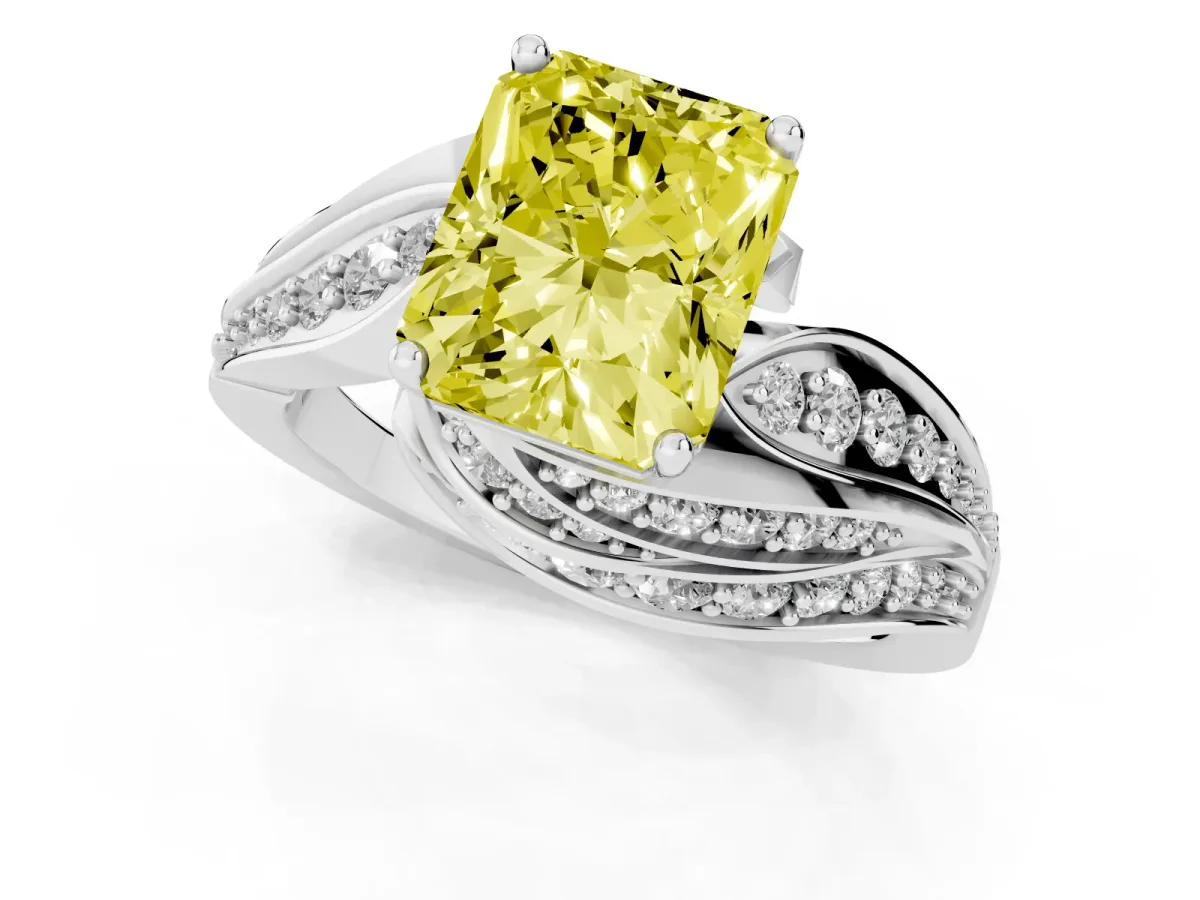 Fancy Yellow Radiant Cut Diamond Solitaire Ring with Prong Setting and Twisted Pavé Band White gold