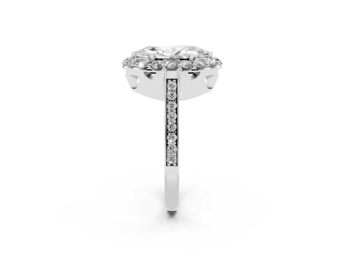 Marquise Cut Diamond Floral Halo Ring with Pavé Band and Prong Setting Platinum