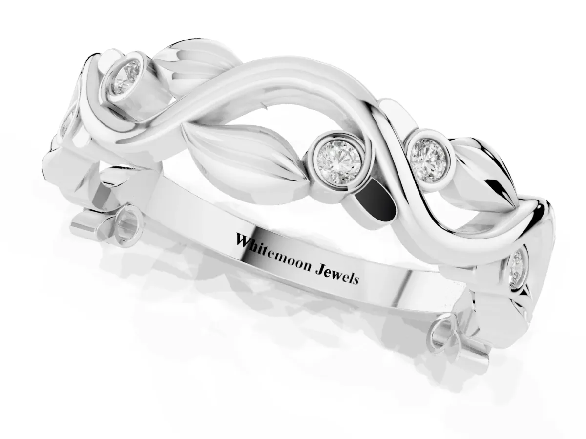 Round Diamond Leaf Eternity Band with Bezel Setting White gold