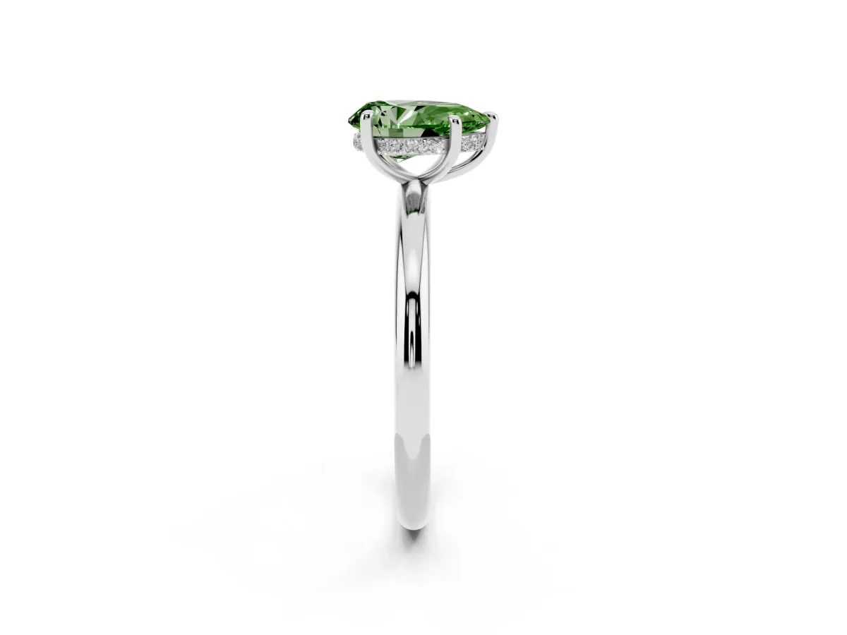 Fancy Green Pear Cut Diamond Solitaire Ring with Thin Band and Four-Prong Setting White gold