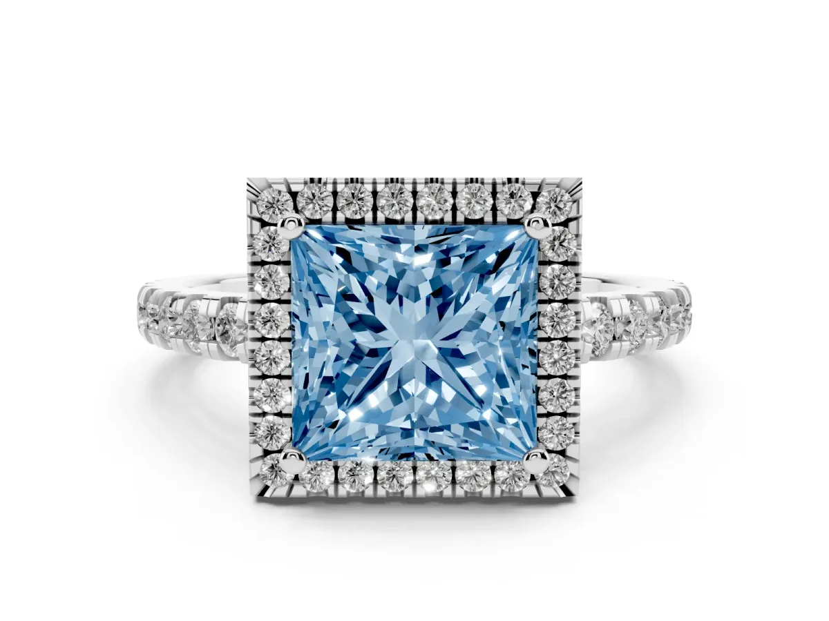 Fancy Blue Princess Cut Diamond Halo Ring with Pavé Band and Four-Prong Setting Silver