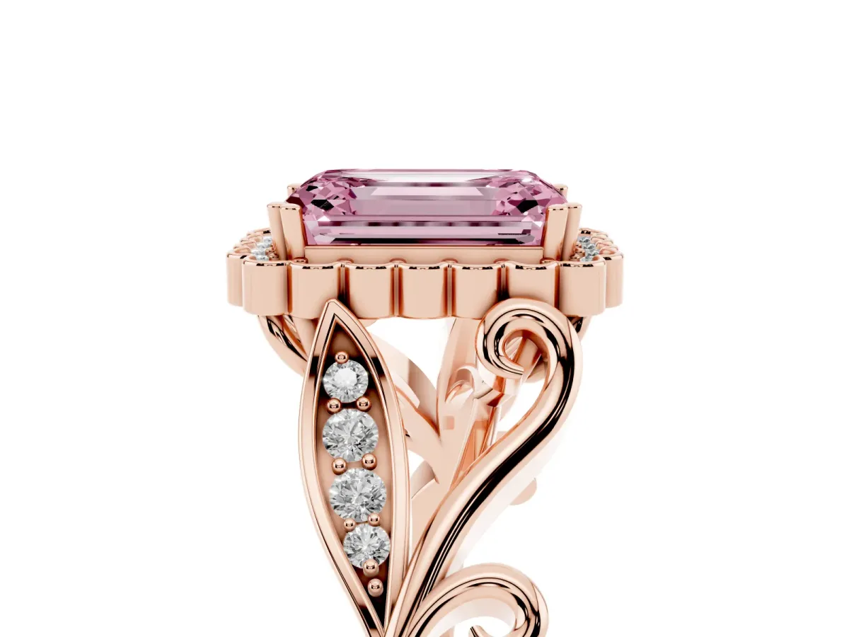 Fancy Pink Emerald Cut Diamond Halo Ring with Vintage Split Shank and Four-Prong Setting Rose gold