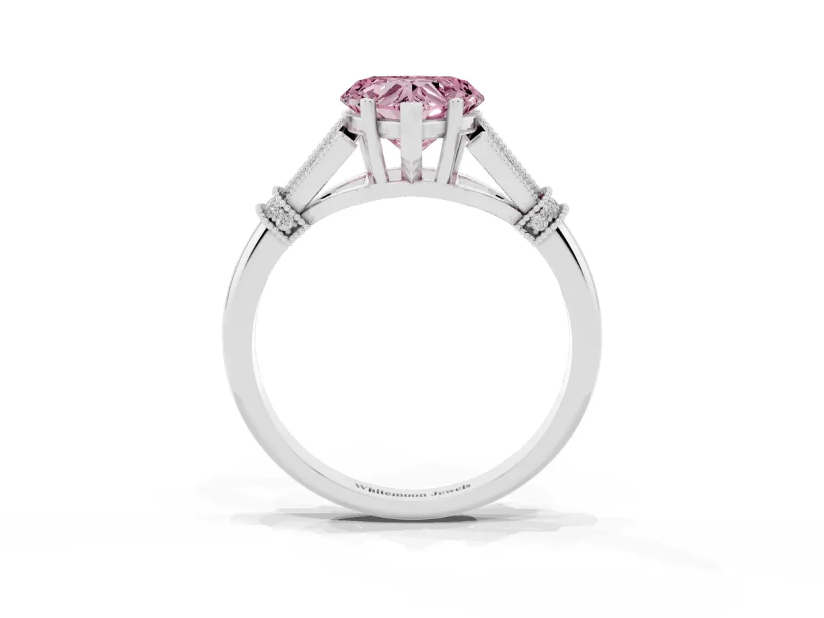Fancy Pink Heart Cut Diamond Solitaire Ring with Floral Filigree and Pave Accents Platinum