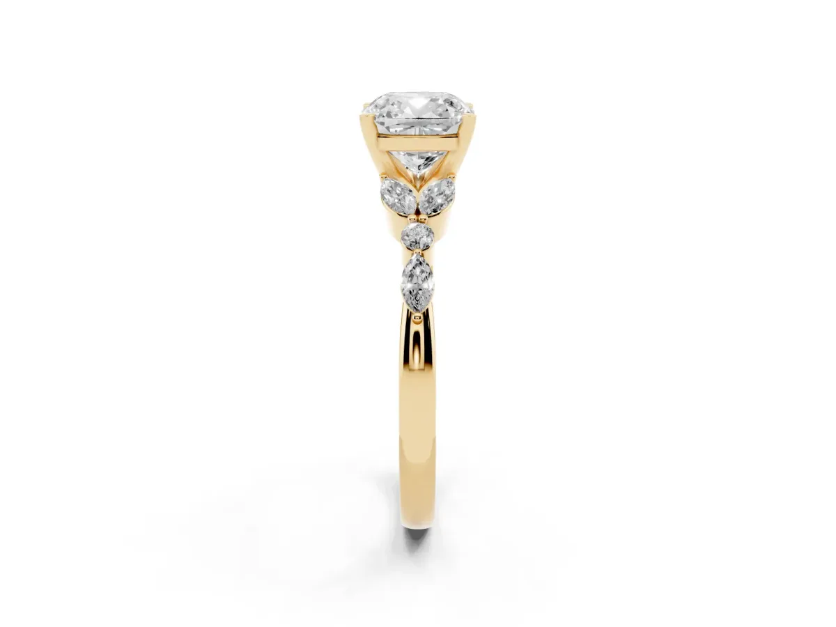 Cushion Cut Diamond Solitaire Ring with Side Stones and Four-Prong Setting Yellow gold
