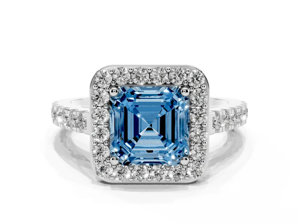 Fancy Blue Asscher Cut Diamond Halo Ring with Round Pavé Split Shank and Prong Setting Silver
