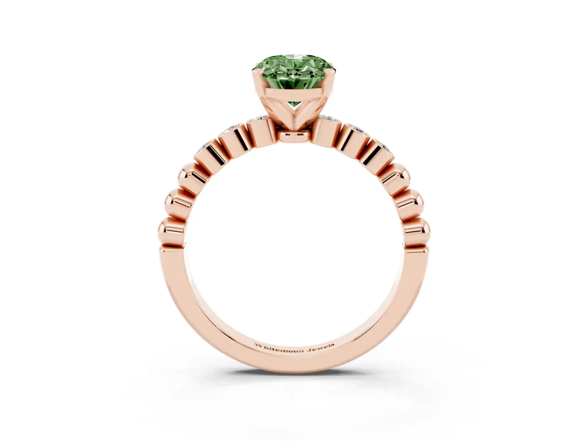 Fancy Green Oval Cut Solitaire Bezel Accent Diamond Engagement Ring with Beaded Band and Four-Prong Setting Rose gold