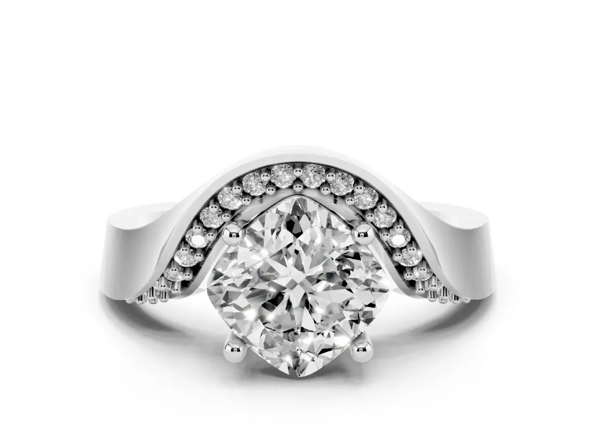 Cushion Cut Solitaire Diamond Engagement Ring with Pave Band and Four-Prong Setting Platinum