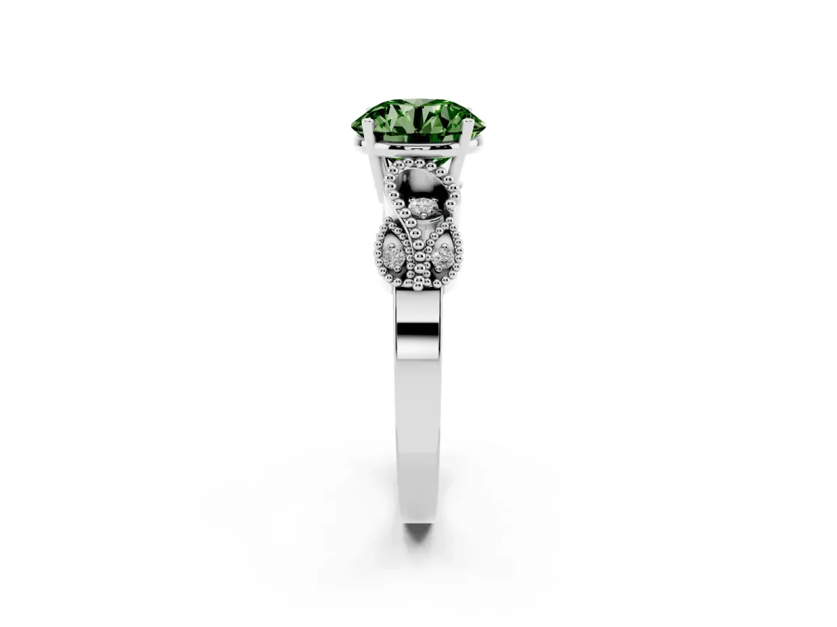 Fancy Green Round Cut Solitaire Milgrain Leaf Band with Prong Setting Silver