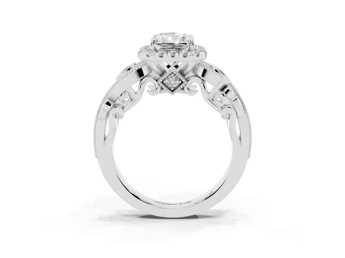 Radiant Cut Diamond Halo Ring with Milgrain Pavé Band and Four-Prong Setting Silver