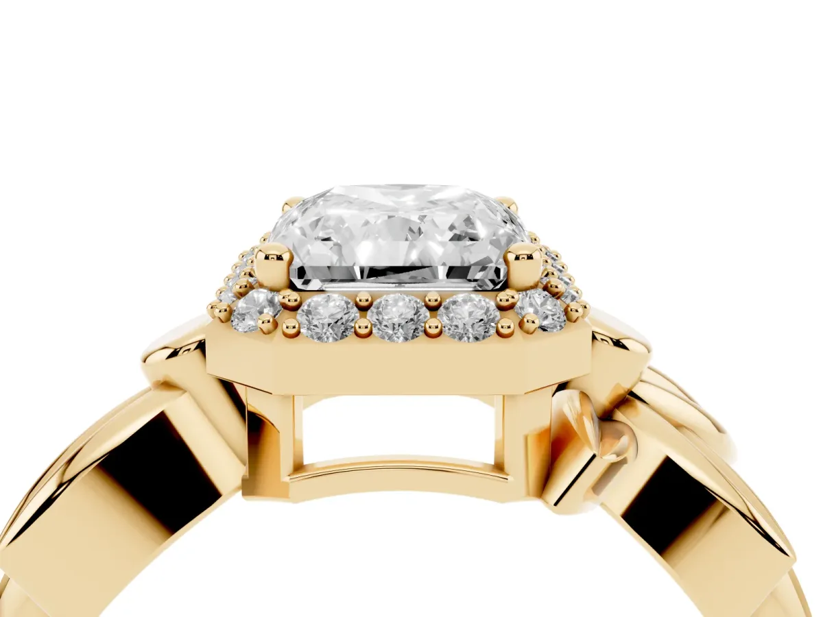 Radiant Cut Halo Diamond Floral Band with Four-Prong Setting Yellow gold