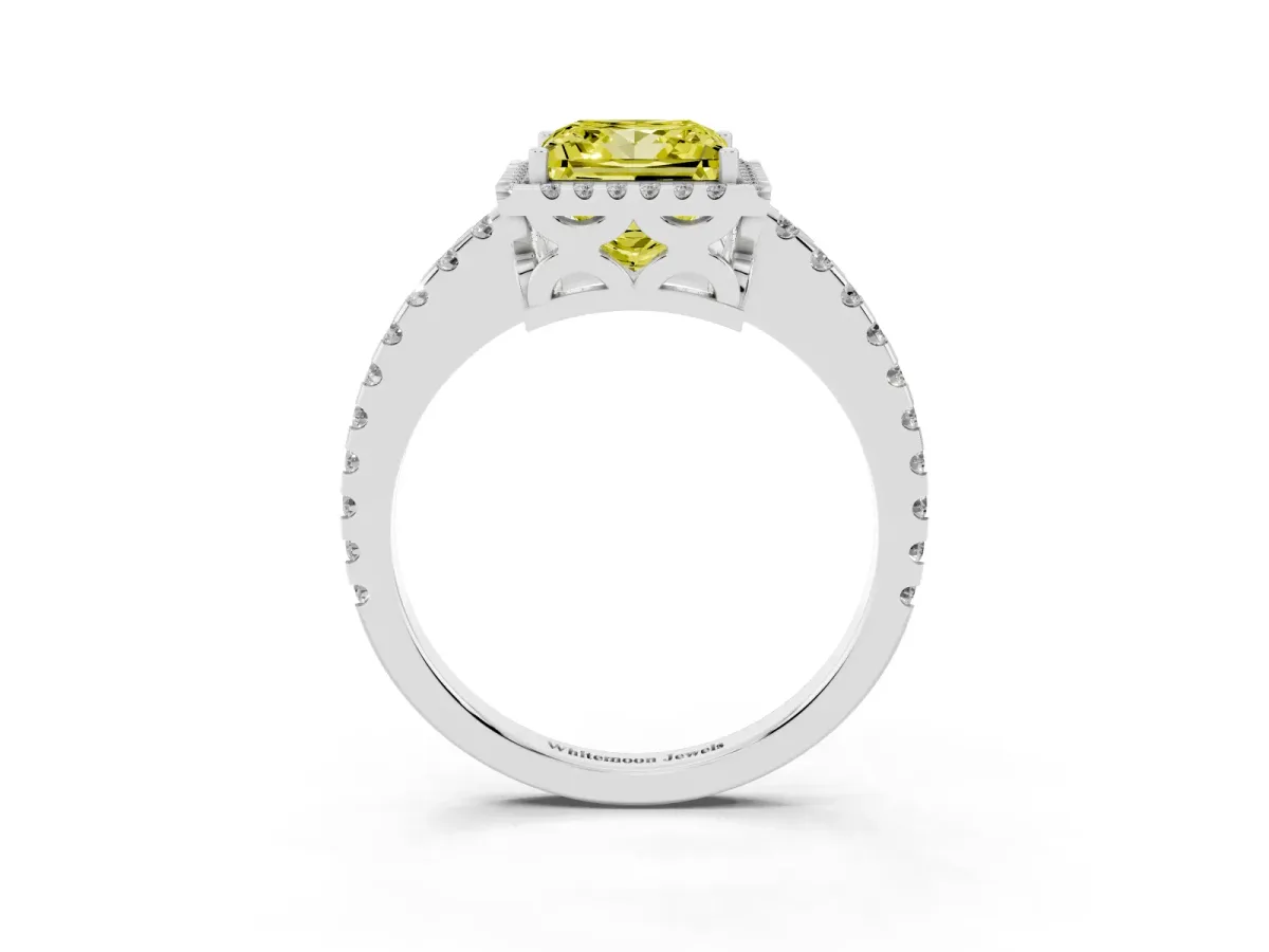 Fancy Yellow Princess Cut Diamond Halo Engagement Ring with Pavé Band and Prong Setting Silver