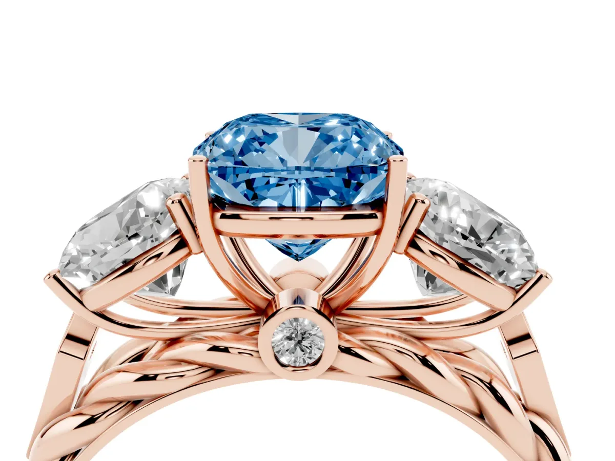 Fancy Blue Three-Stone Cushion Cut Diamond Braided Band Ring with Four-Prong Setting Rose gold