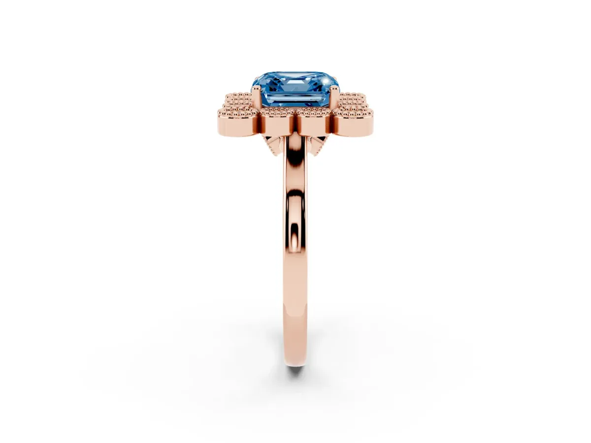 Fancy Blue Asscher Cut Halo Diamond Cluster Engagement Ring with Milgrain Bezel Setting and Solitaire Band Rose gold
