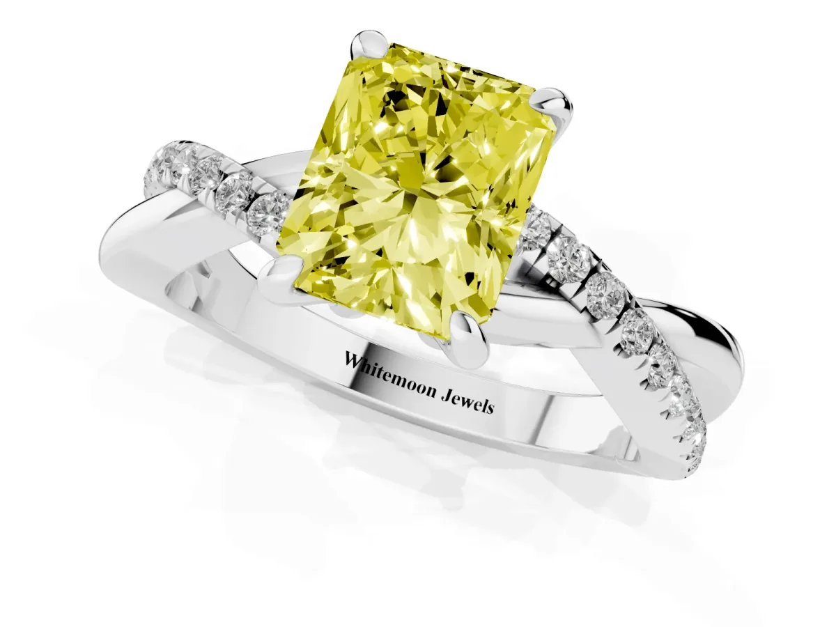 Fancy Yellow Radiant Cut Cut Diamond Twist Band Solitaire with Prong Setting Silver