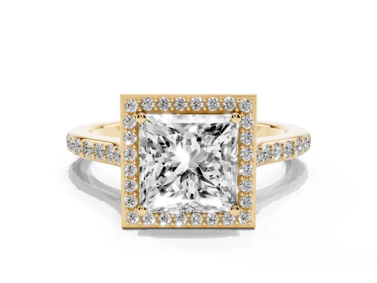 Princess Cut Diamond Halo Engagement Ring with Round Pavé Shoulders and Prong Setting Yellow gold