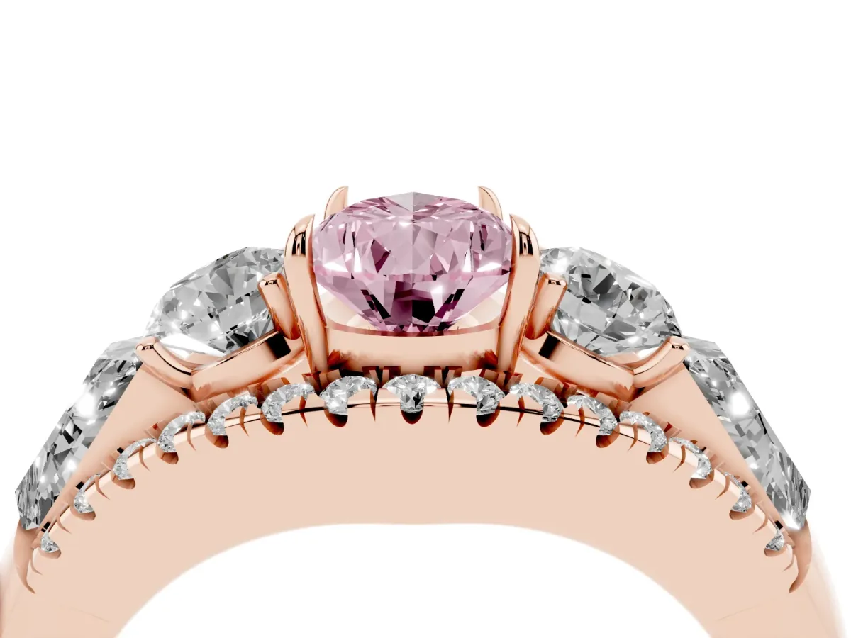 Fancy Pink Three-Stone Pear Cut Diamond Engagement Ring with Pave Band and Prong Setting Rose gold