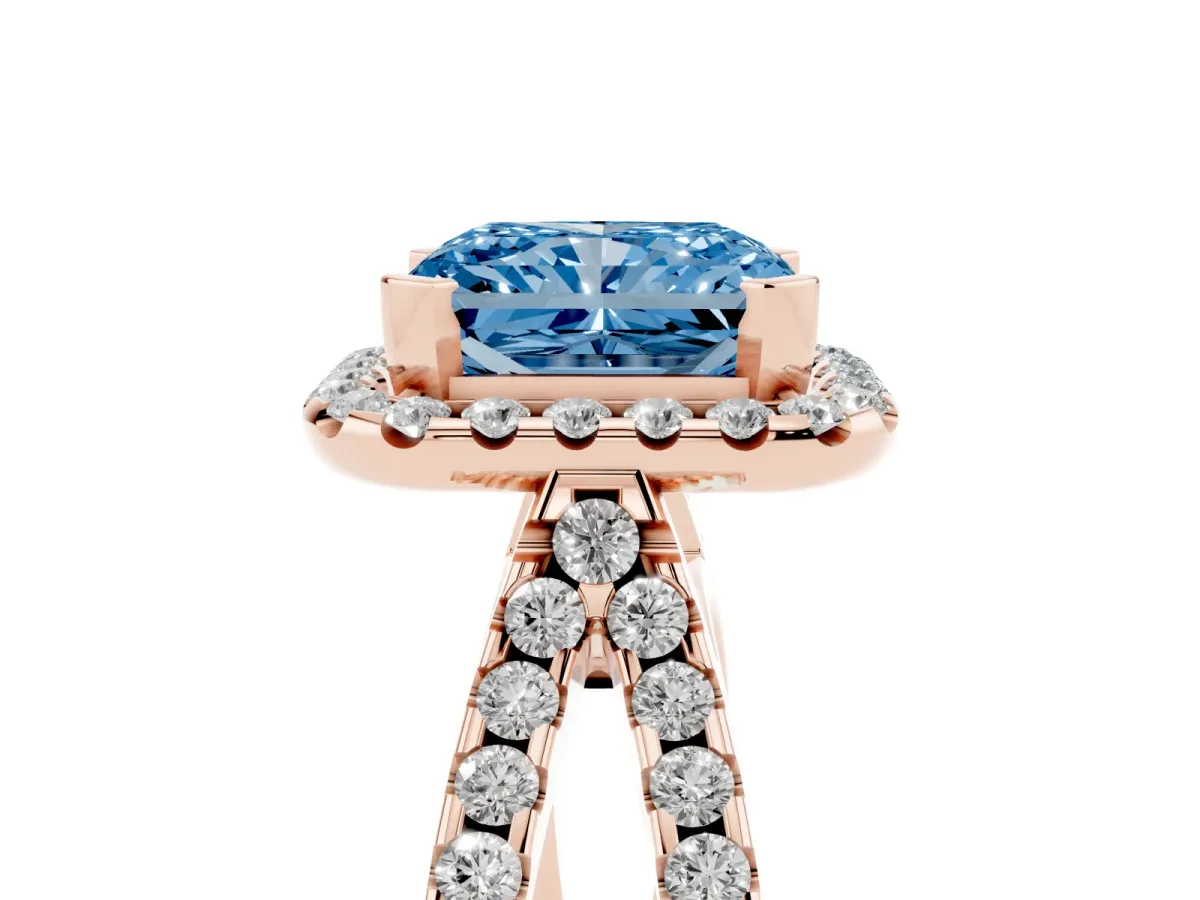 Fancy Blue Radiant Cut Diamond Halo Ring with Split Shank Pavé Band and Prong Setting Rose gold