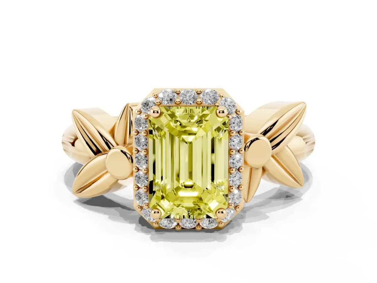 Fancy Yellow Emerald Cut Halo Diamond Floral Band with Four-Prong Setting Yellow gold