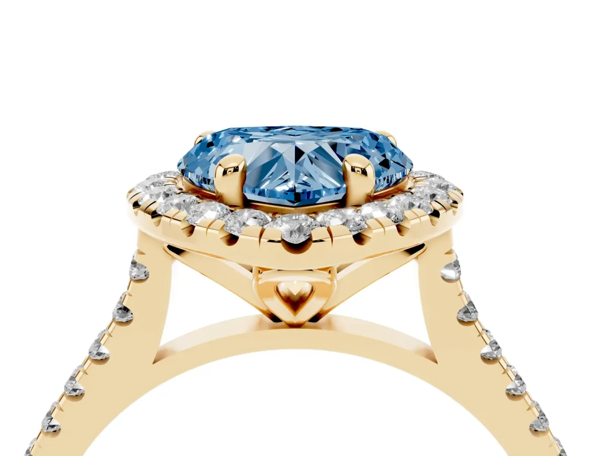 Fancy Blue Heart Cut Diamond Cushion Halo Ring with Pavé Band Yellow gold