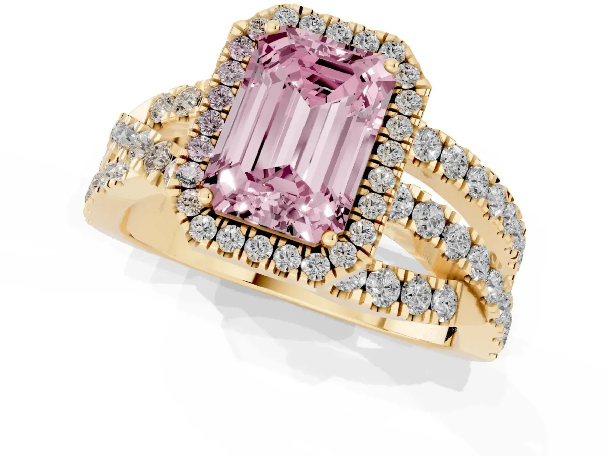 Fancy Pink Emerald Cut Diamond Halo Ring with Round Split Shank and Prong Setting Yellow gold