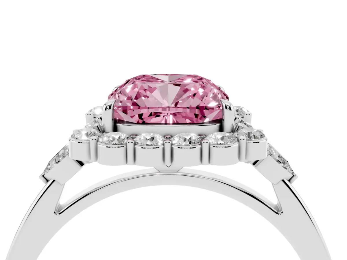 Fancy Pink Cushion Cut Diamond Halo Ring with Pear Side Stones and Prong Setting Silver