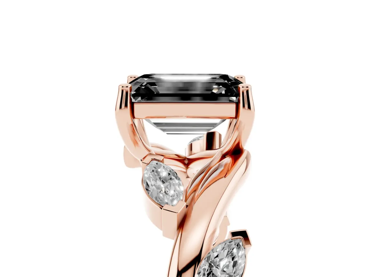 Fancy Black Emerald Cut Solitaire Twisted Band Marquise Accent Prong Setting Ring Rose gold