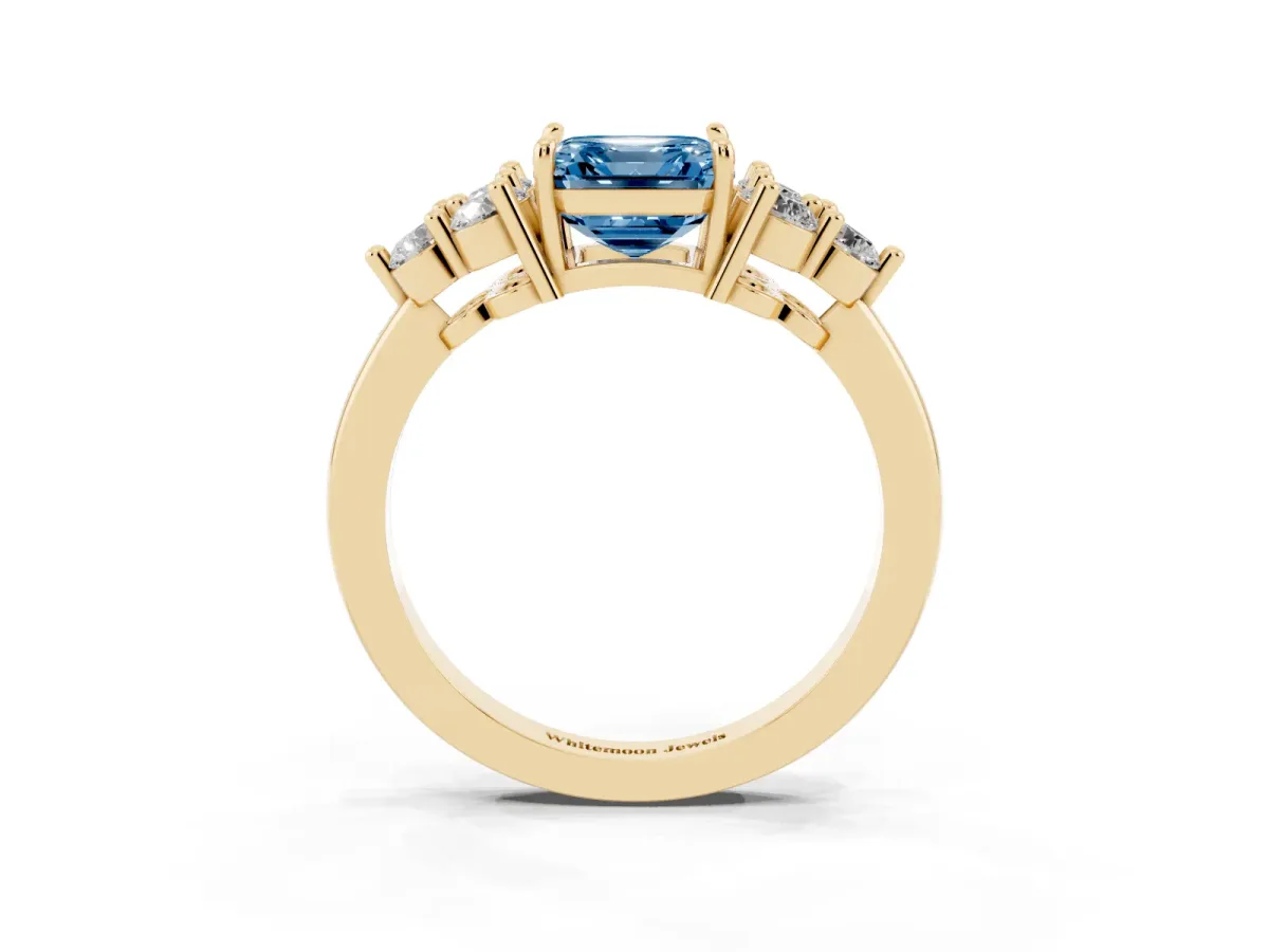 Fancy Blue Asscher Cut Brilliant Diamond Cluster Accent Solitaire Ring with Prong Setting Yellow gold
