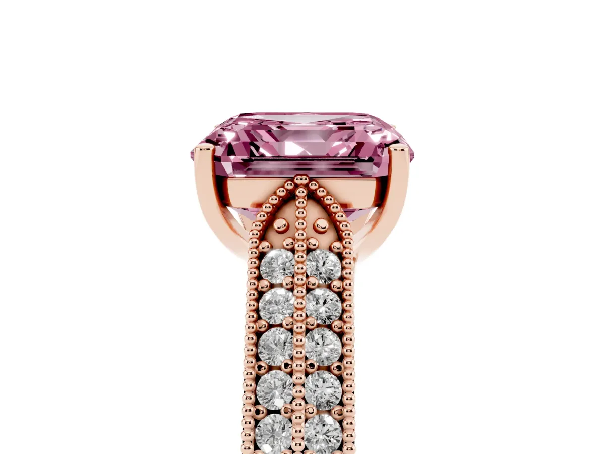 Fancy Pink Asscher Cut Cut Pave Split Shank Engagement Ring with Four-Prong Setting Rose gold