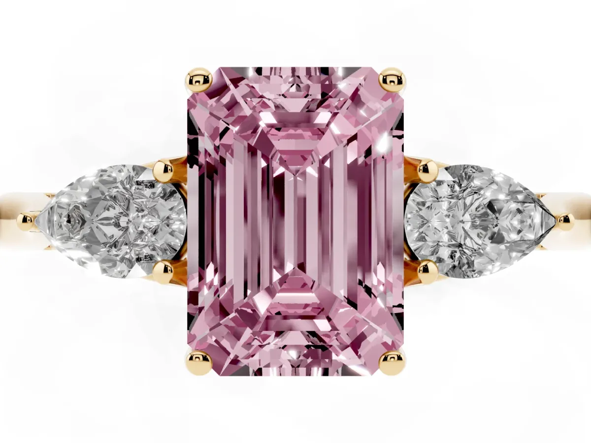 Fancy Pink Emerald Cut Diamond Three-Stone Ring with Pear Side Stones and Prong Setting Yellow gold