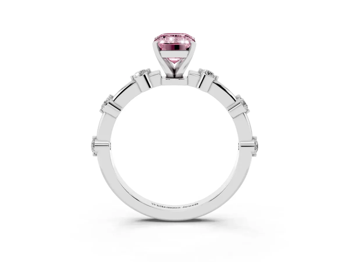 Fancy Pink Emerald Cut Solitaire Diamond Ring with Bezel Set Side Stones and Prong Setting Platinum
