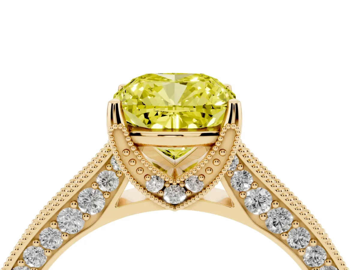 Fancy Yellow Cushion Cut Cut Diamond Solitaire Ring with Milgrain Pave Band and Four Prong Setting Yellow gold