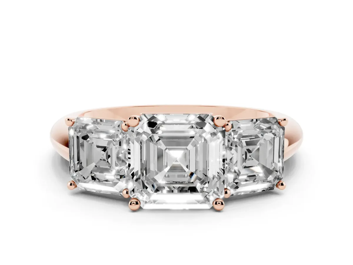 Three-Stone Asscher Cut Cut Diamond Engagement Ring with Prong Setting on a White Gold Band Rose gold