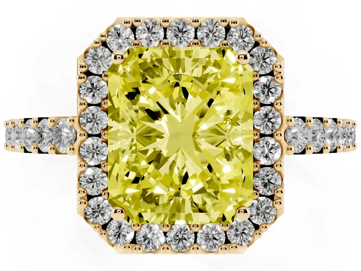 Fancy Yellow Radiant Cut Halo Diamond Pavé Solitaire Ring Yellow gold