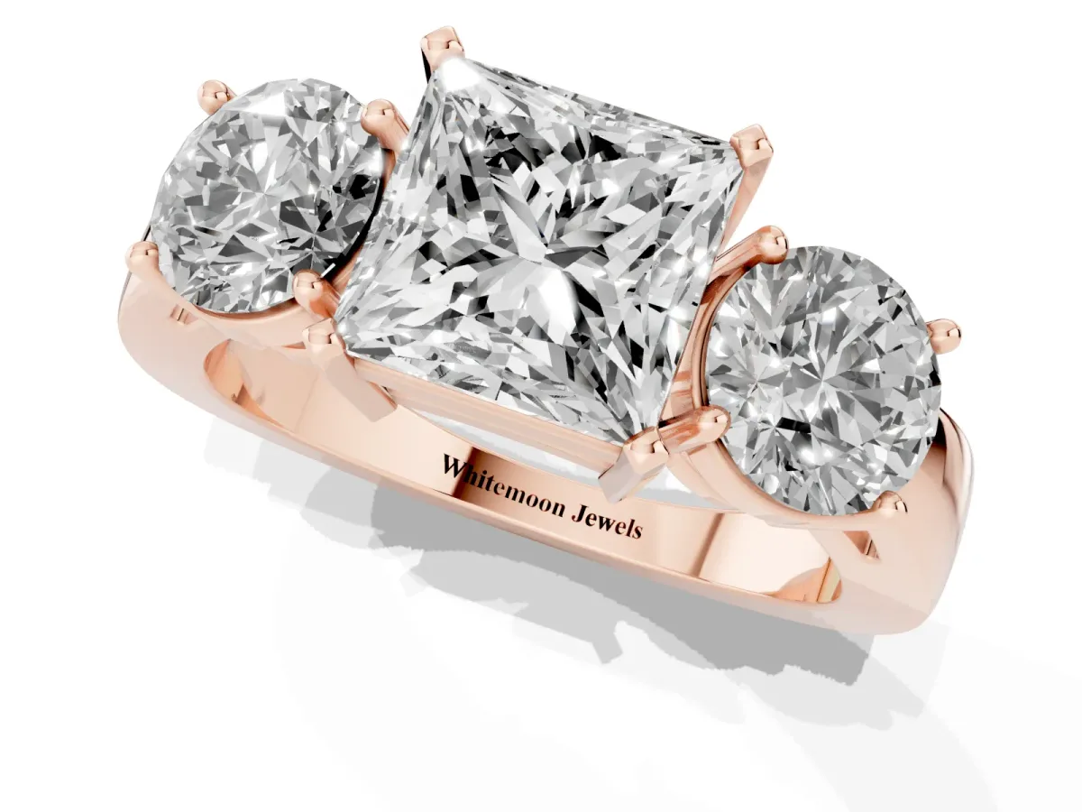 Three-Stone Princess Cut Diamond Ring with Round Side Stones, Classic Band, and Four-Prong Setting Rose gold