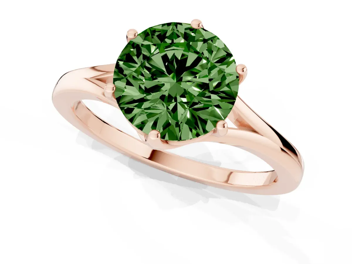 Fancy Green Round Cut Solitaire Diamond Ring with Six-Prong Setting and Tapered Band Rose gold