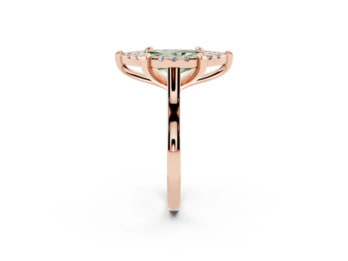 Fancy Green Marquise Cut Diamond Cluster Halo Solitaire with Four-Prong Setting Rose gold