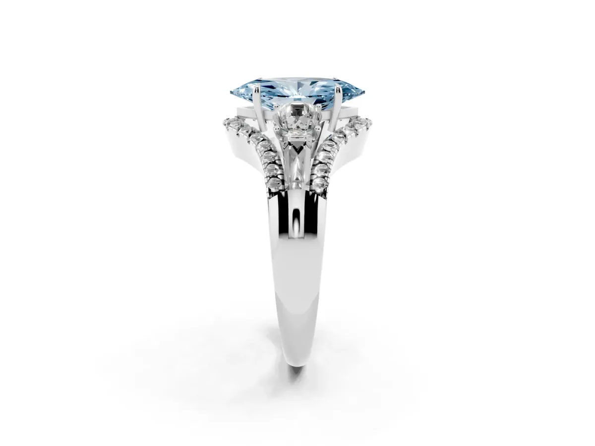 Fancy Blue Three-Stone Marquise Cut Diamond Engagement Ring with Pave Band and Prong Setting Silver