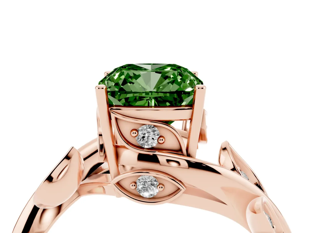Fancy Green Cushion Cut Solitaire Twist Engagement Ring with Leaf Accents and Prong Setting Rose gold