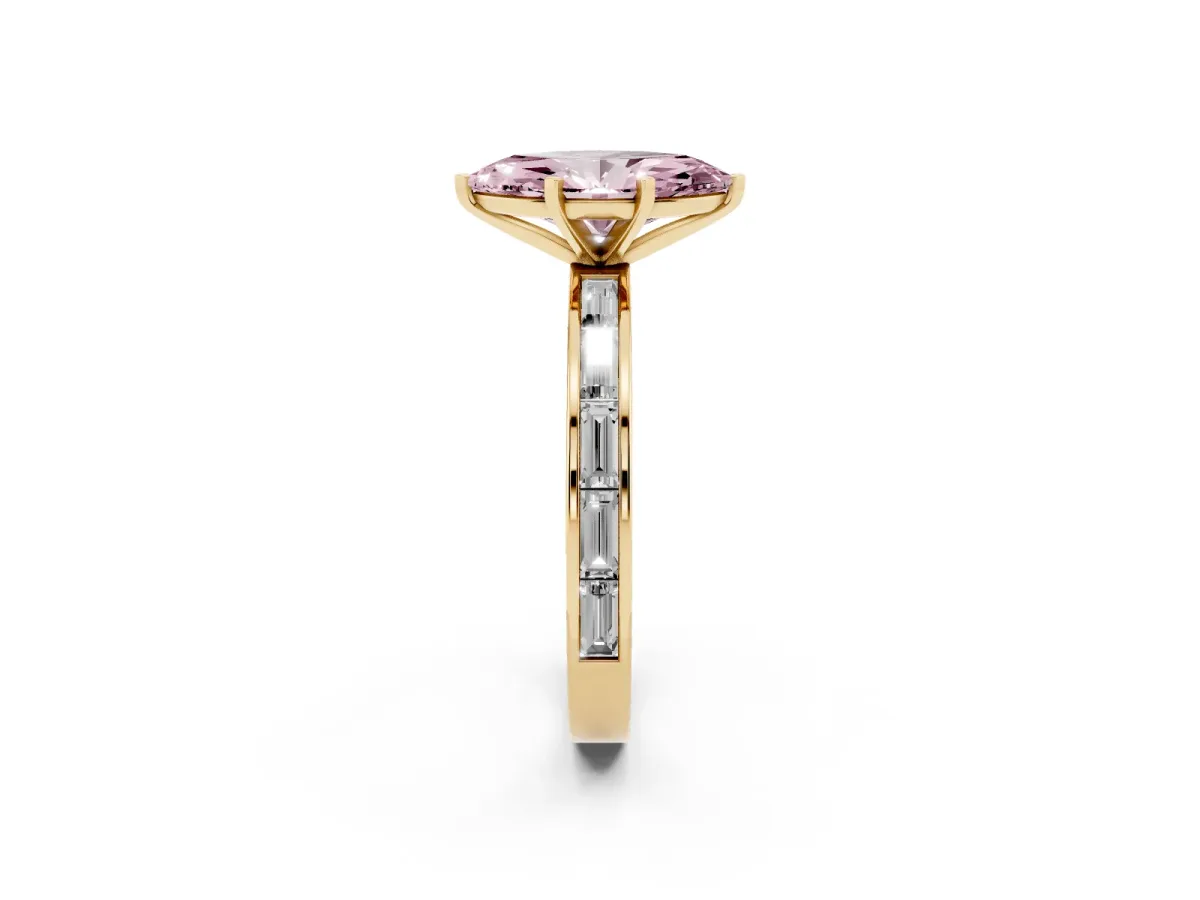 Fancy Pink Marquise Cut Solitaire Diamond Ring with Channel-Set Baguette Band and Four-Prong Setting Yellow gold