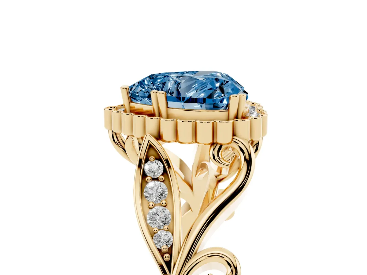 Fancy Blue Heart Cut Diamond Halo Ring with Vintage Split Shank and Four-Prong Setting Yellow gold