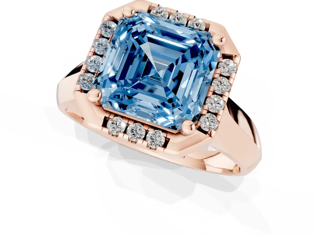 Fancy Blue Asscher Cut Cut Halo Solitaire Engagement Ring with Square Band and Four-Prong Setting Rose gold