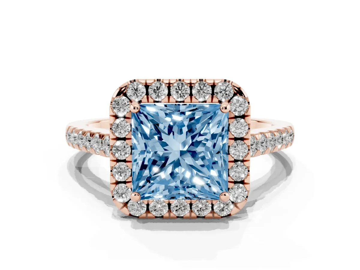 Fancy Blue Princess Cut Halo Pave Diamond Engagement Ring with Four-Prong Setting Rose gold