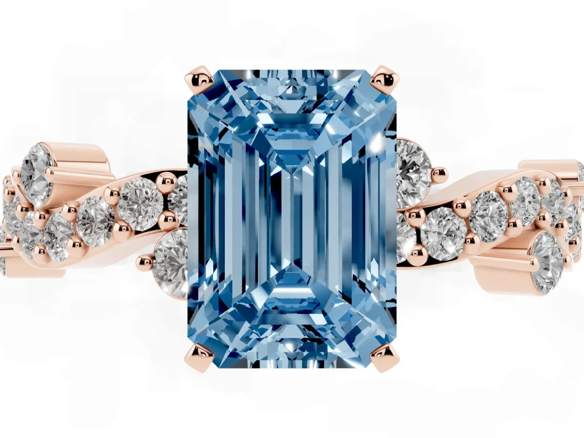 Fancy Blue Emerald Cut Cut Solitaire Diamond Twisted Band with Pave Setting Rose gold