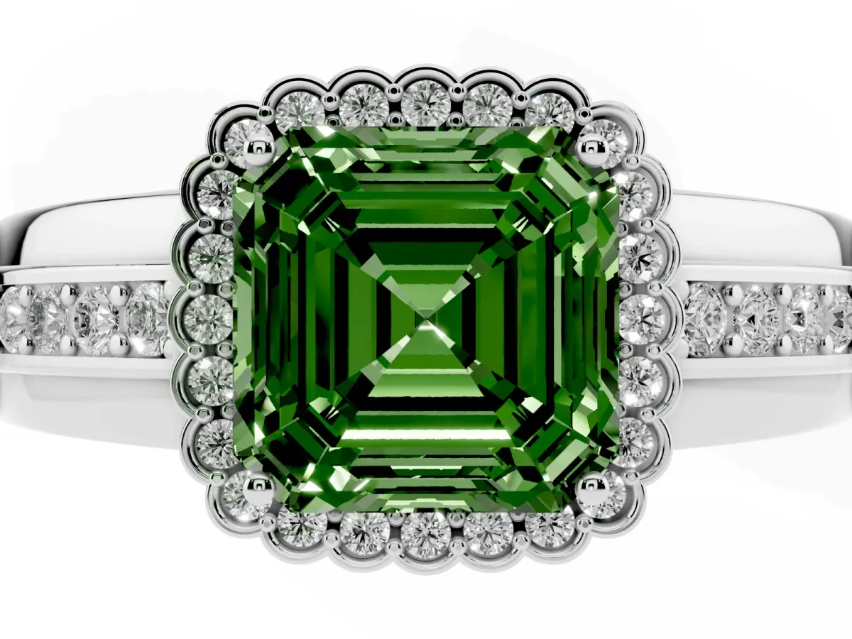 Fancy Green Asscher Cut Cut Halo Pave Band Four-Prong Ring Platinum