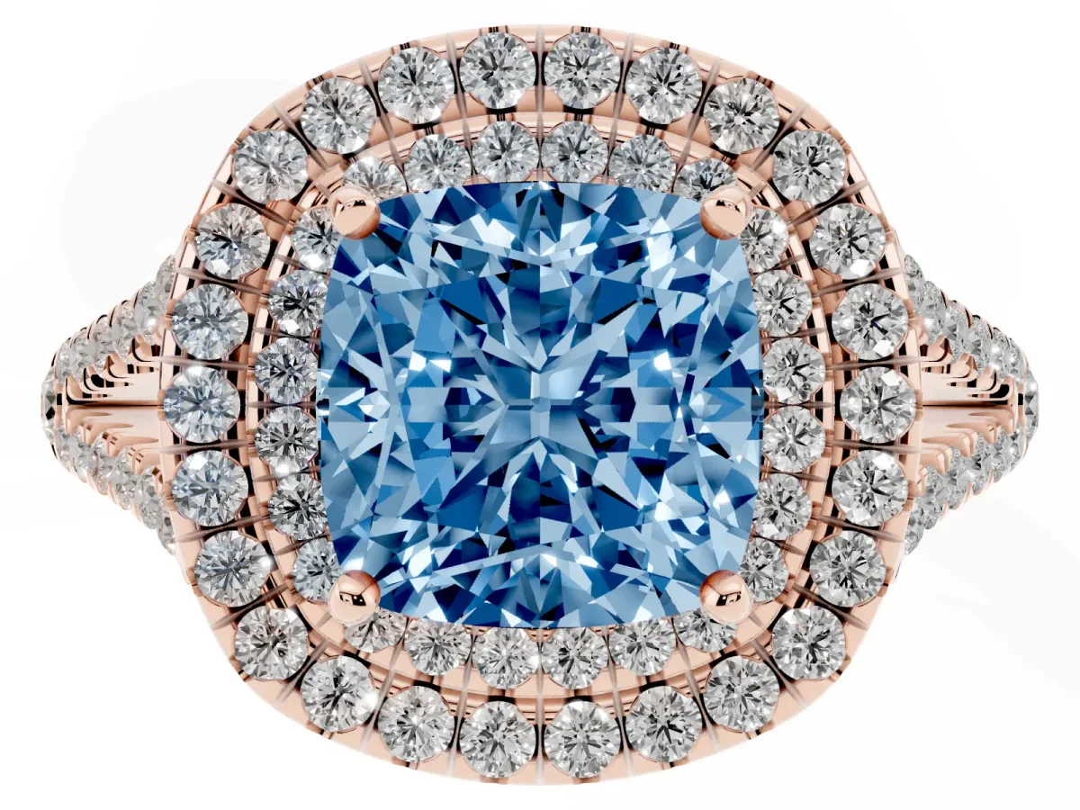 Fancy Blue Cushion Cut Diamond Double Halo Ring with Pavé Band and Prong Setting Rose gold
